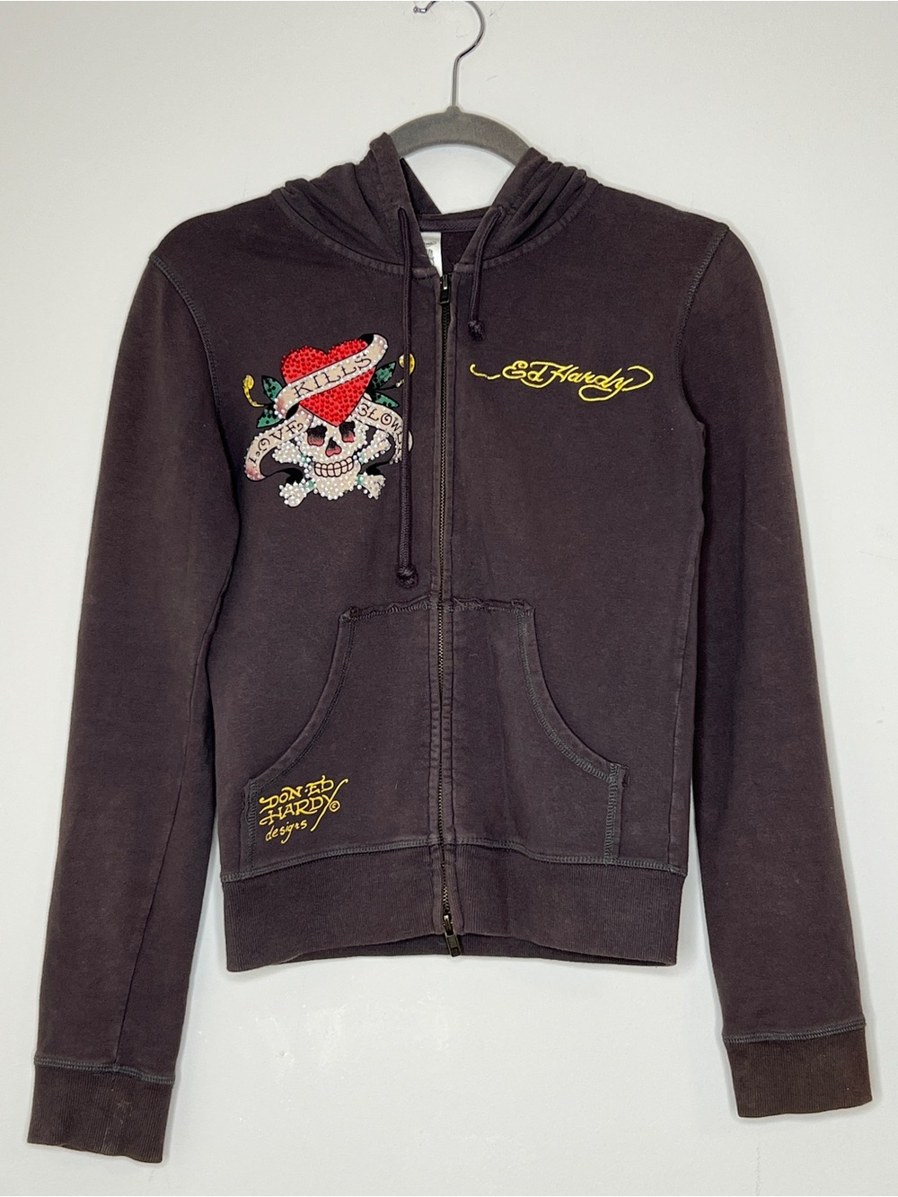 Y2K Ed Hardy Love Kills Slowly Rhinestone Zip Up Hoodie Brown XS